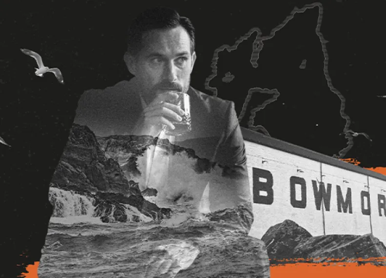 Man drinking whisky with light gradient to see through him to images of cliff edges and Bowmore Distillery.