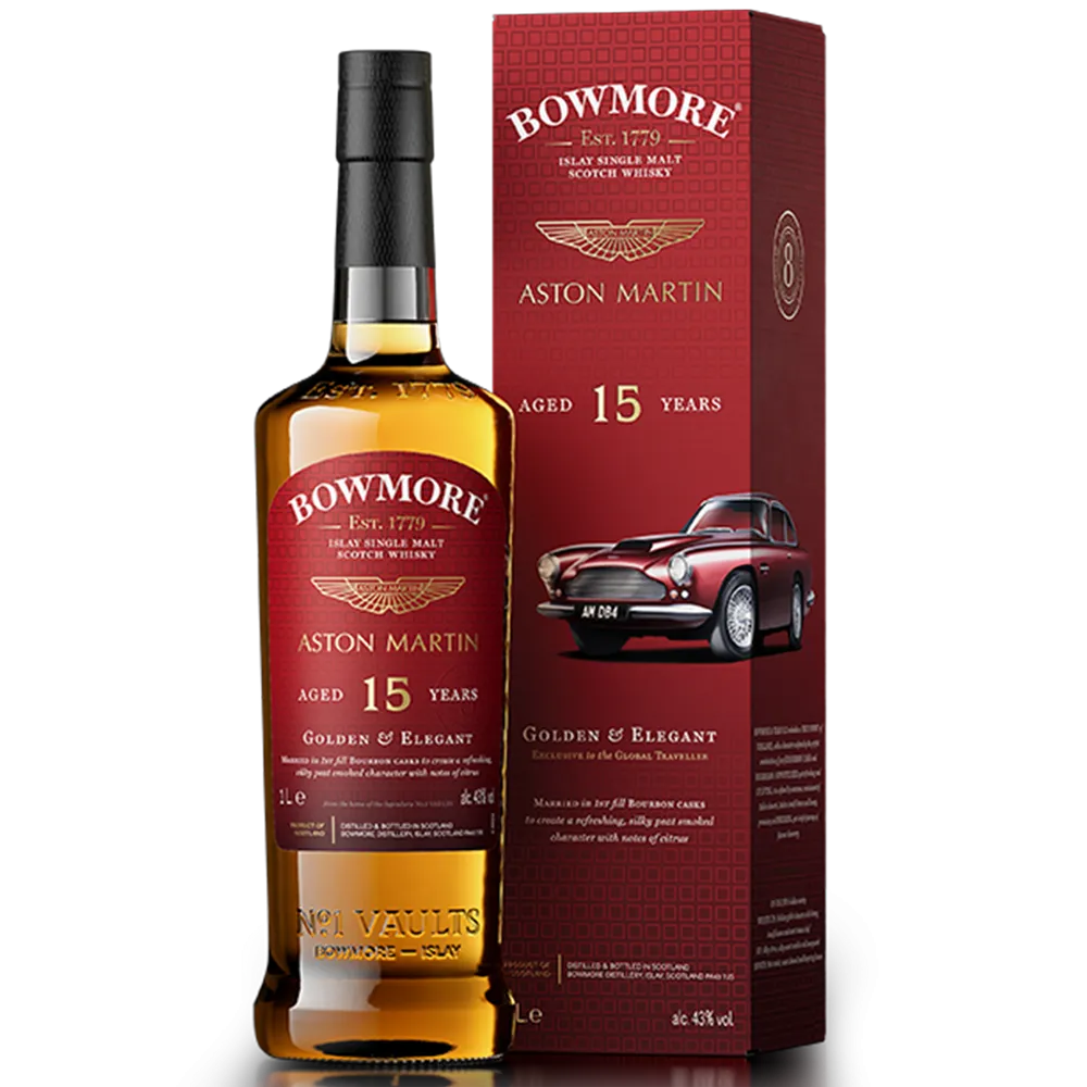 Bowmore Aston Martin 15 year old bottle with red box 