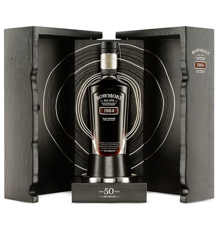 black bowmore 50 year old bottle and box