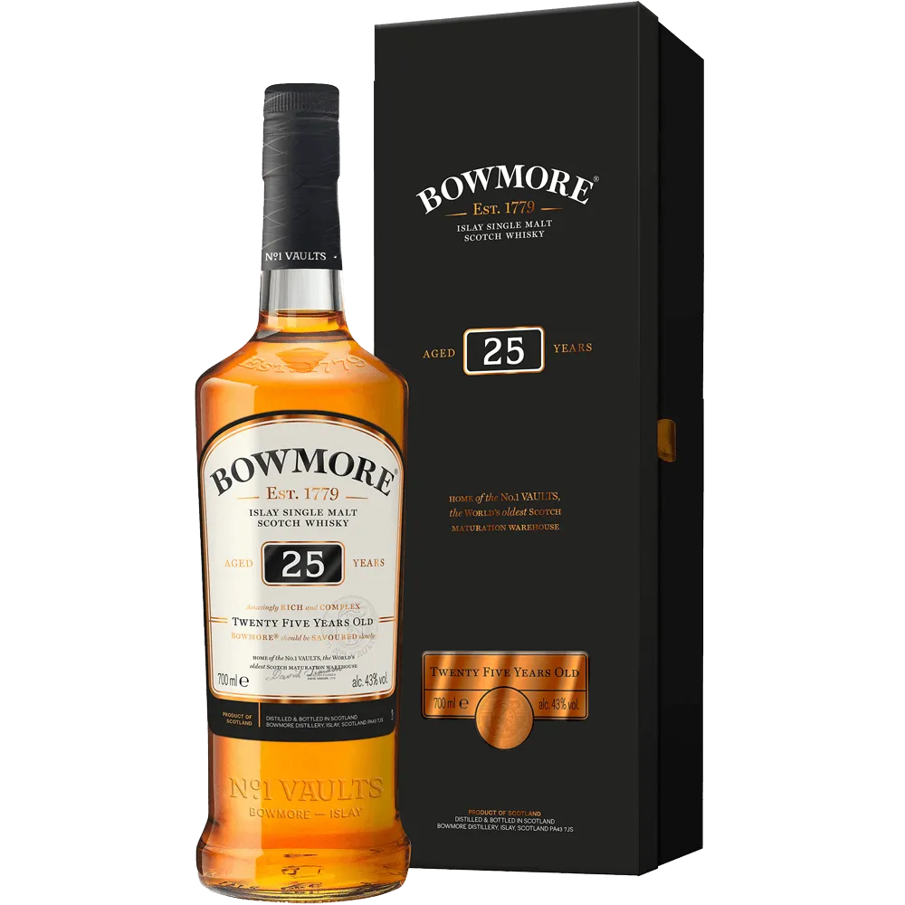 Bowmore 25 Year Old bottle with box