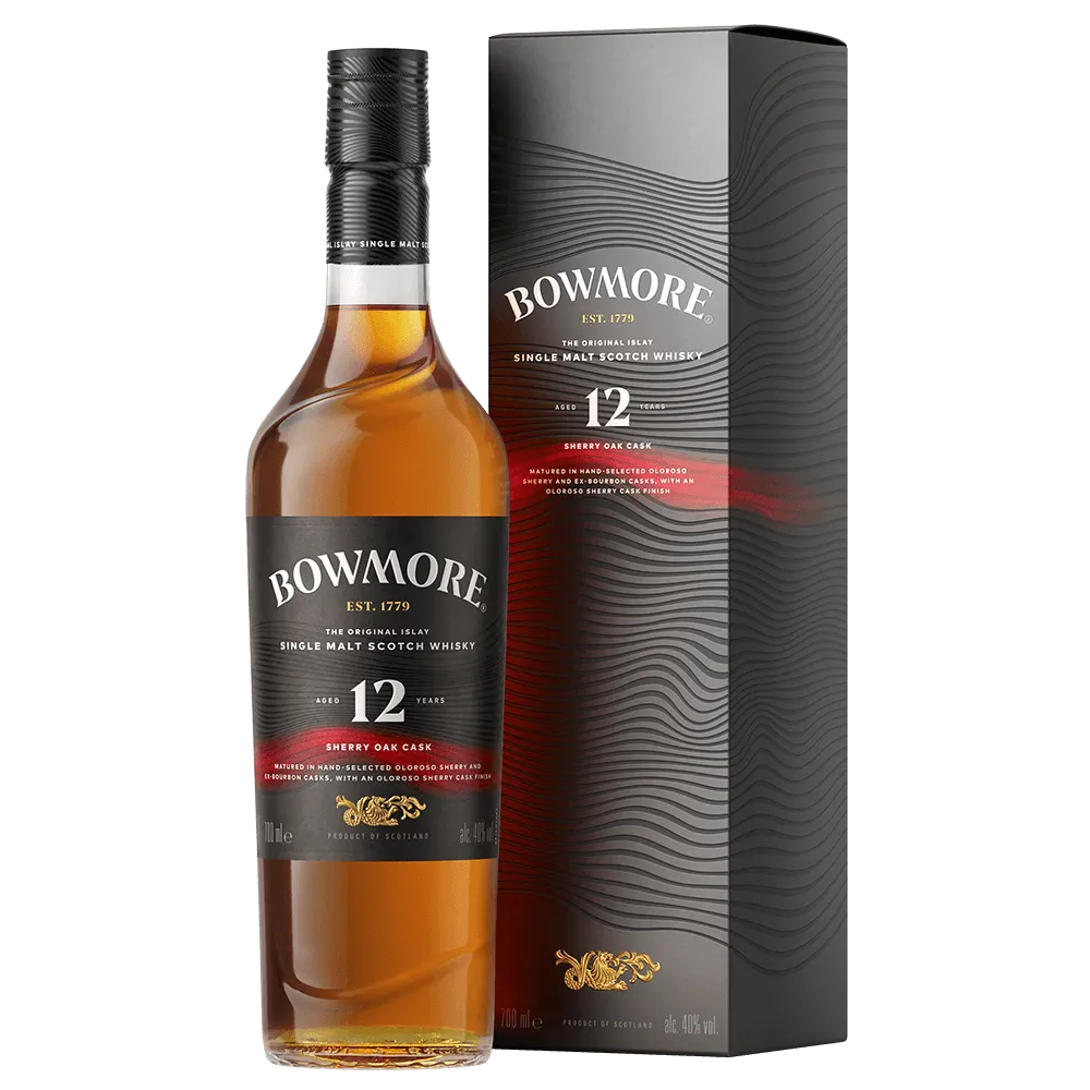 Image of a bottle of Bowmore 12 Year Old Sherry Matured whisky positioned beside a matching rectangular cardboard box.   