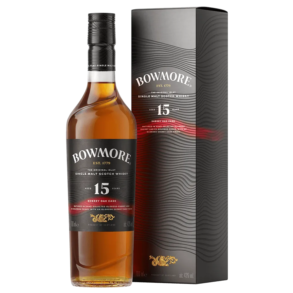 Image of a bottle of Bowmore 15 Year Old Sherry Matured whisky positioned beside a matching rectangular cardboard box.    