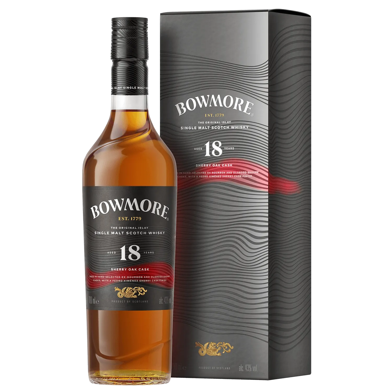 Image of a bottle of Bowmore 18 Year Old Sherry Matured whisky positioned beside a matching rectangular cardboard box.   