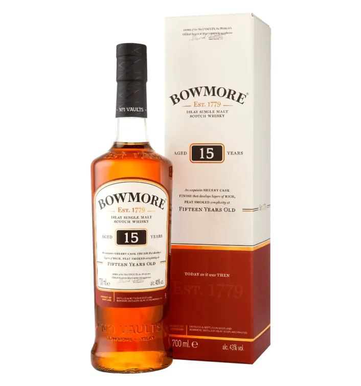 Image of a bottle of Bowmore 15 Year Old positioned beside a matching rectangular cardboard box. 