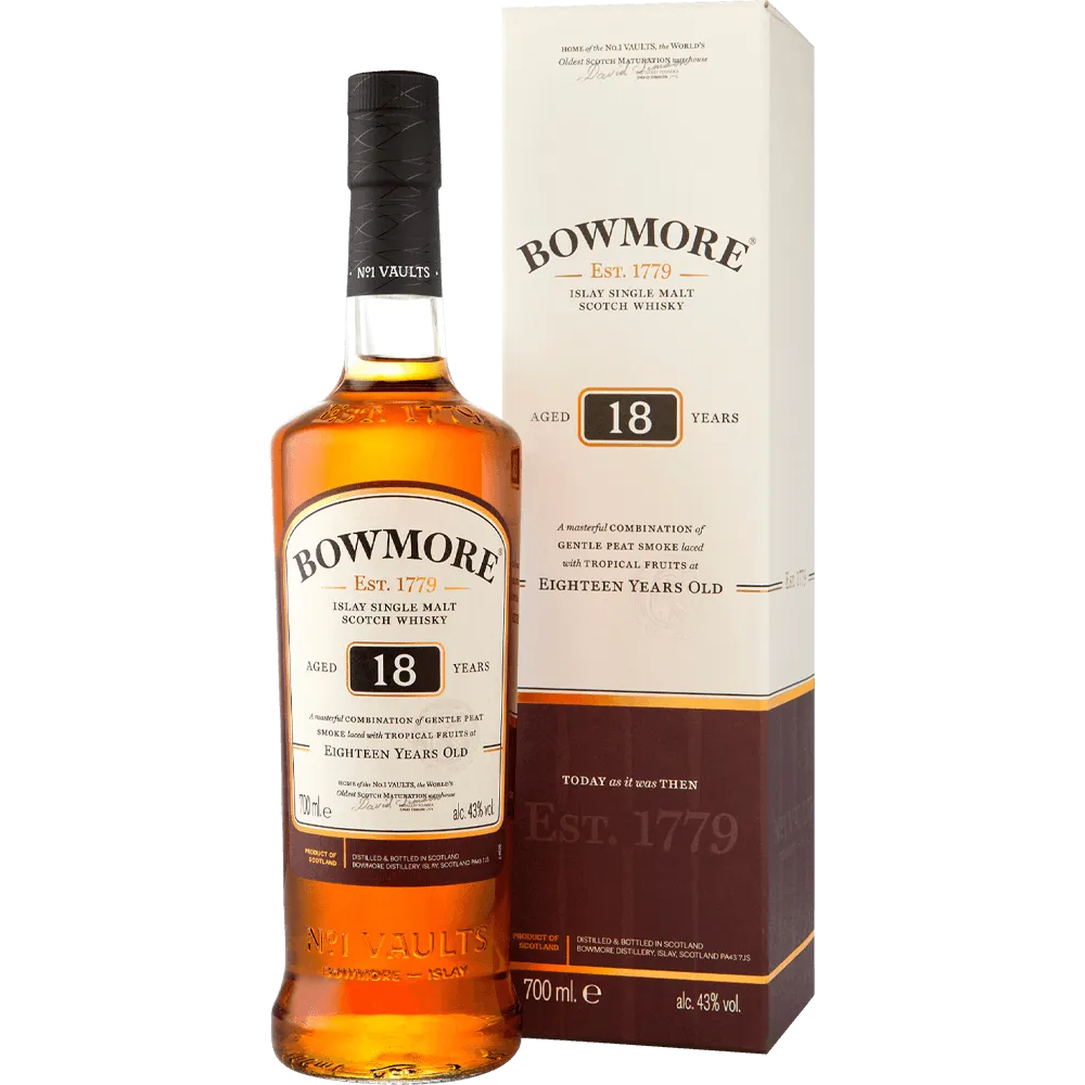 Image of a bottle of Bowmore 18 Year Old positioned beside a matching rectangular cardboard box.   