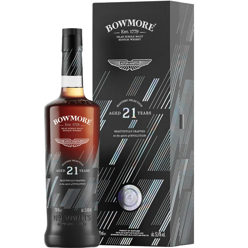 Bowmore Aston Martin Masters’ selection edition 4 21 year old bottle and box