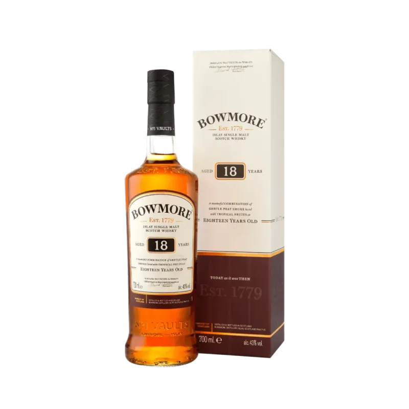 Image of a bottle of Bowmore 18 Year Old positioned beside a matching rectangular cardboard box.   