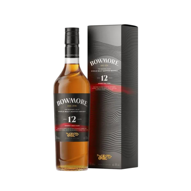 bottle of Bowmore 12 Year Old Sherry Matured whisky positioned beside a matching rectangular cardboard box.   