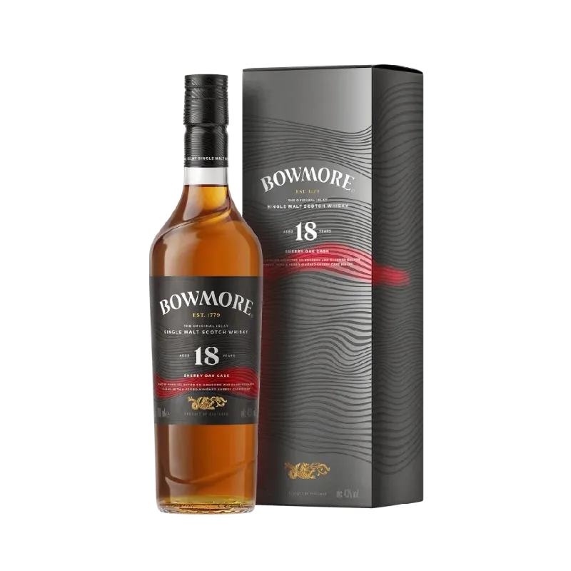 bottle of Bowmore 18 Year Old Sherry Matured whisky positioned beside a matching rectangular cardboard box.   